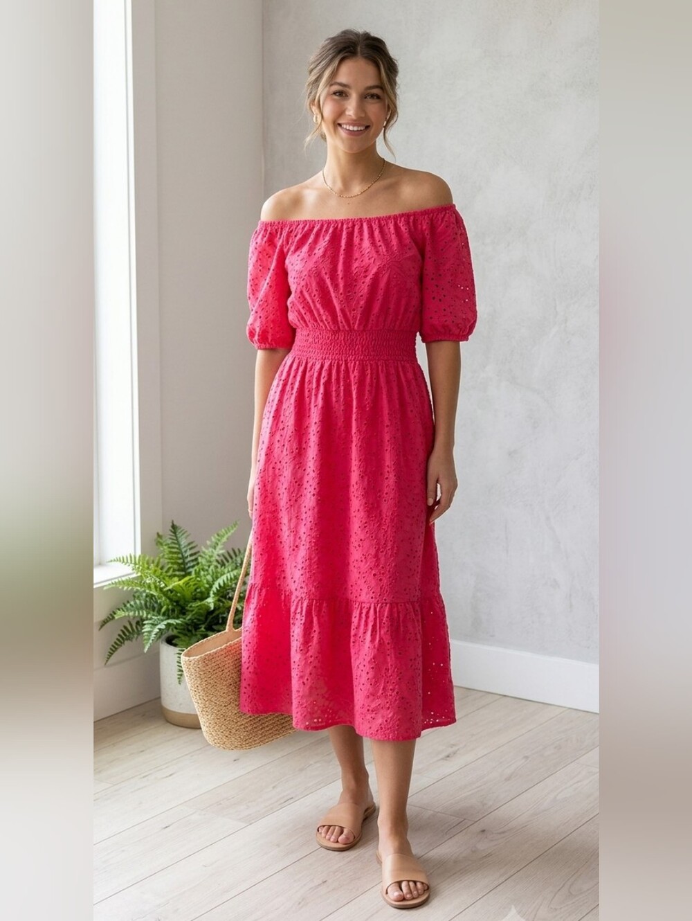 Betsey Johnson Women's Eyelet Midi Dress M Pink Floral Embroidery